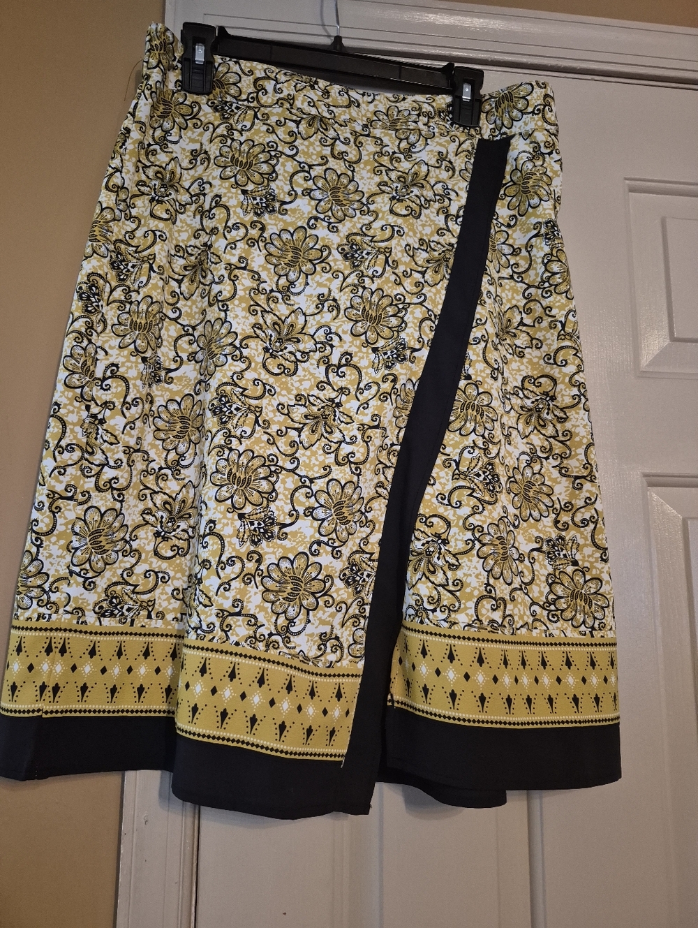 Women's Floral Border Faux Wrap Skirt - Yellow & Black